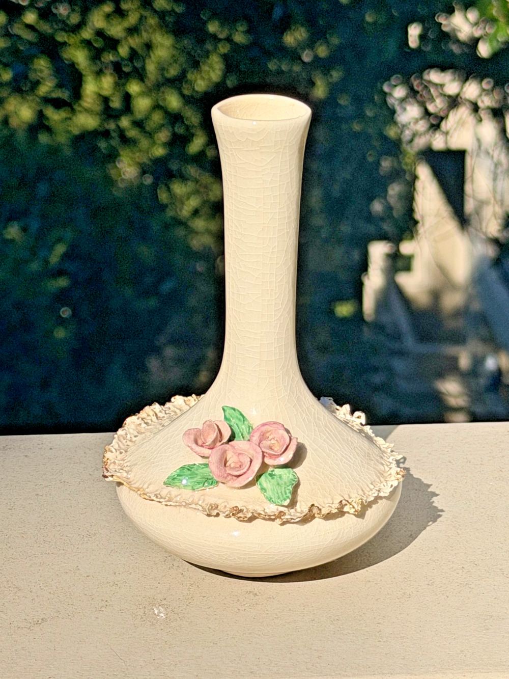 Vintage 1950s Porcelain Bud Vase Applied Pink Roses Gold Lace Trim Cottagecore